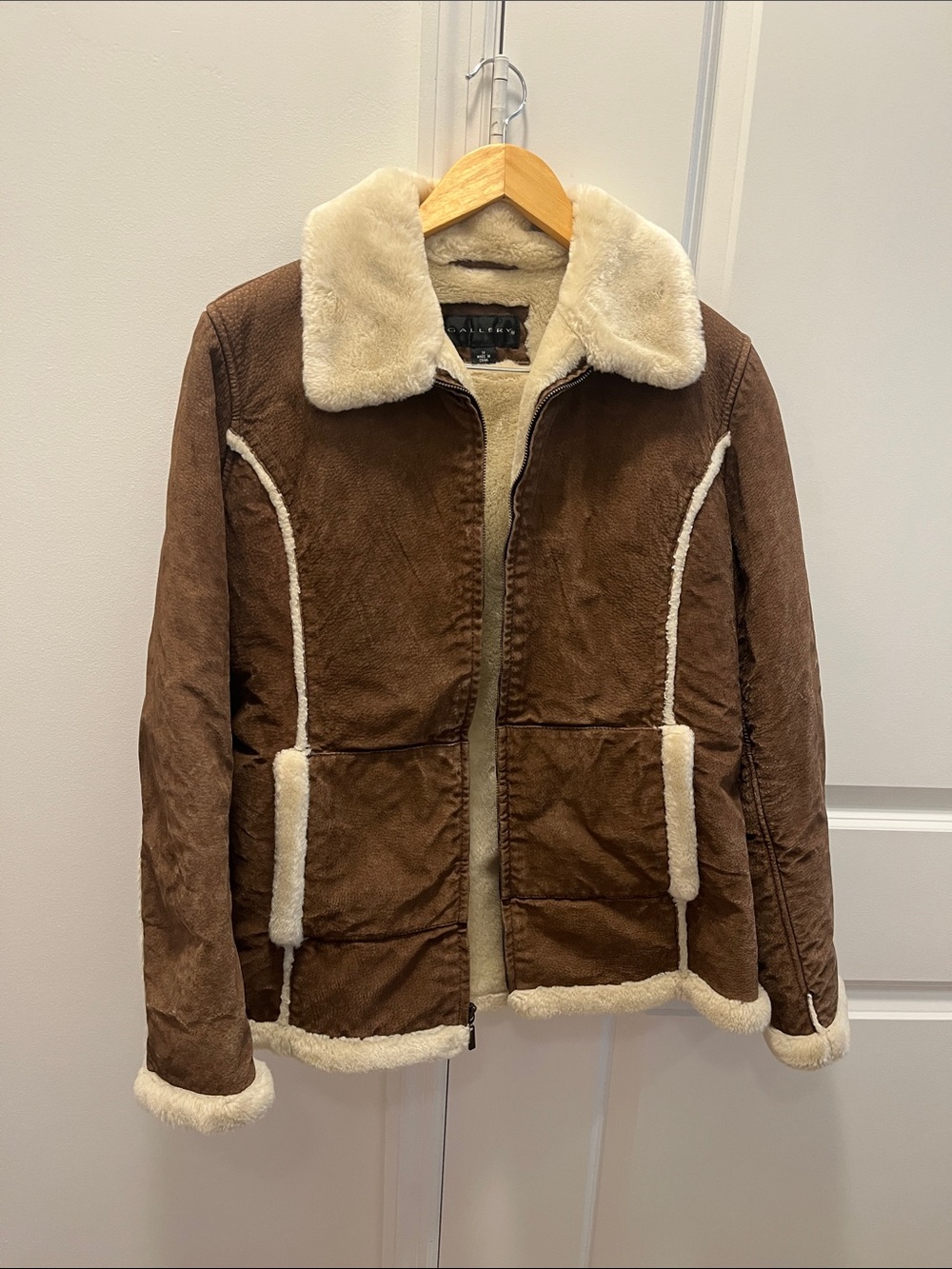 Gallery Brown Puffer Jacket with Cream Shearling Trim